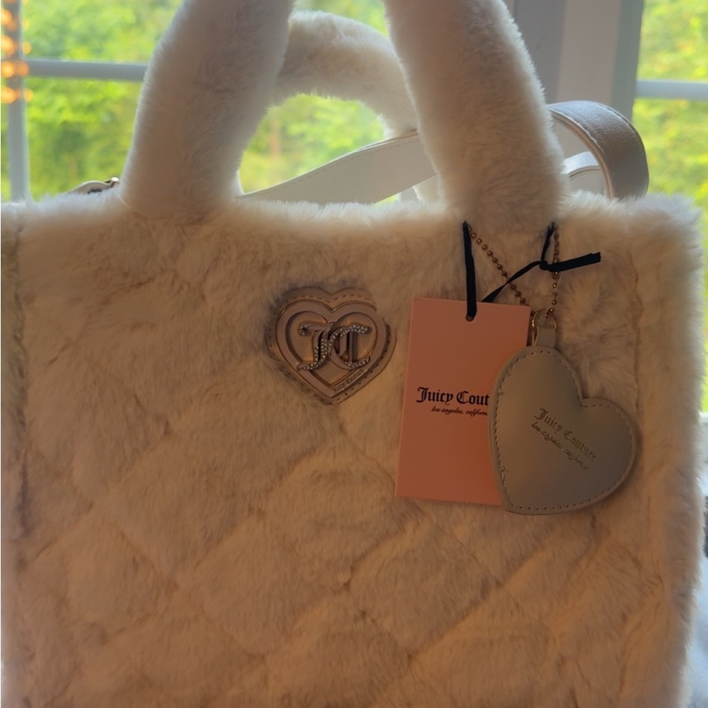 Juicy Couture White Faux Fur Tote with Heart Charm